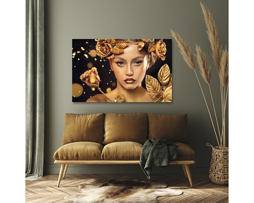 Tablou decorativ de perete cu motivul unei femei cu trandafiri aurii