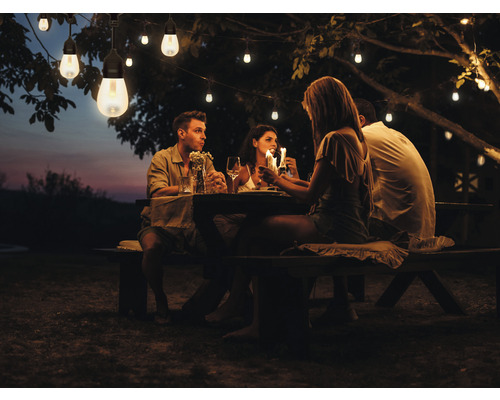 Grup de persoane stă la o masă sub un șir de lumini în grădină.