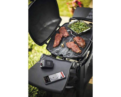 Scenă de grătar cu fripturi, legume verzi, termometru pentru grătar și smartphone pe un grătar