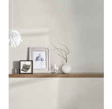 Scenă de living cu tapet deschis la culoare, raft, obiecte decorative și lampă