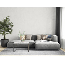 Cameră de zi cu canapea de colț gri, măsuță de cafea cu blat de marmură și plantă de interior