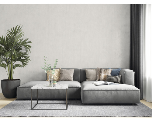 Cameră de zi cu canapea gri, măsuță de cafea, plantă de interior și covor