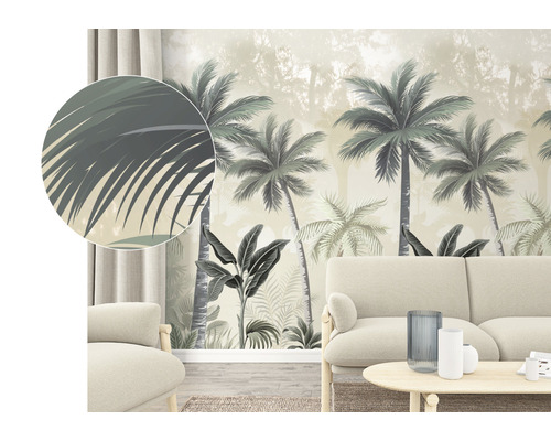 Cameră de zi cu tapet cu pădure de palmieri și vedere detaliată