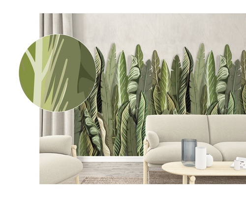 Cameră de zi cu tapet decorativ vlies cu motiv floral cu frunze