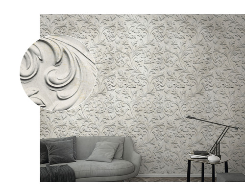 Cameră de zi cu tapet cu model și mobilier