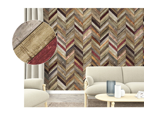 Living cu decor de perete din lemn cu model herringbone