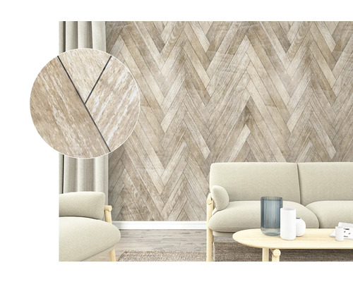 Living cu panouri de perete în model herringbone