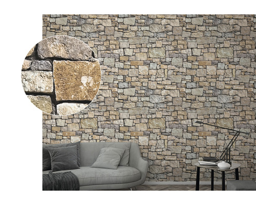 Cameră de zi cu tapet cu aspect de piatră pe perete