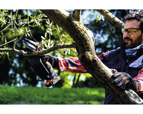 O persoană folosește un fierăstrău cu lanț fără fir pentru a tăia o ramură.