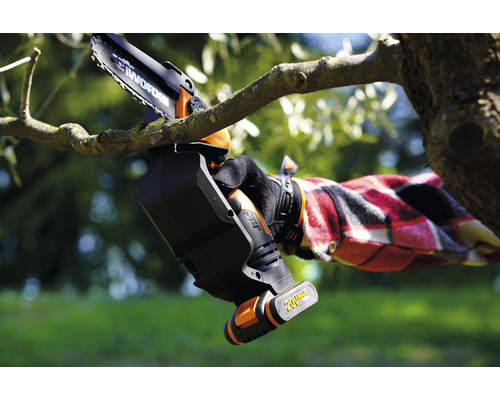 Fierăstrău de crengi cu acumulator folosit pentru tăierea unei crengi