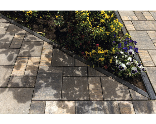 Alei de grădină pavată cu pavele de beton și strat de flori