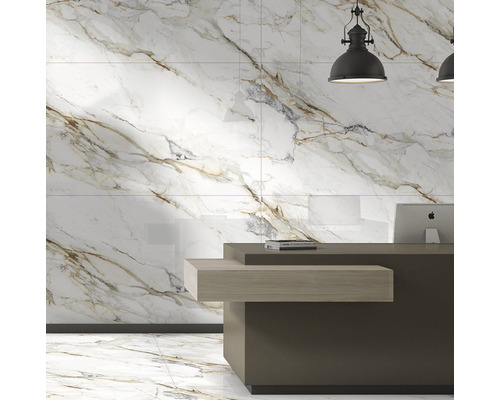 Faianță și gresie cu aspect de marmură, cu recepție și iluminat
