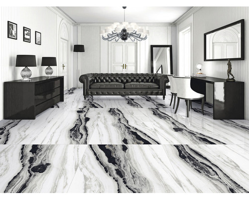 Cameră de zi cu canapea din piele neagră și gresie cu aspect de marmură