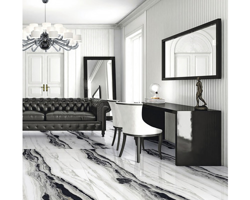 Interior elegant cu canapea, birou și plăci de podea cu aspect de marmură