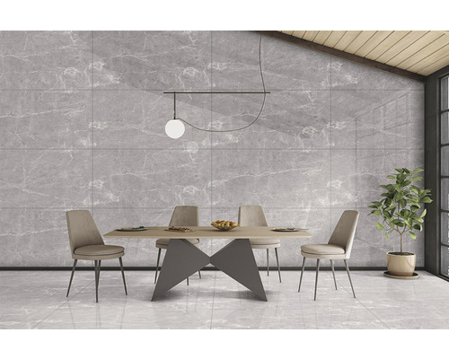 Sufragerie cu plăci de perete din marmură gri, masă de sufragerie și scaune