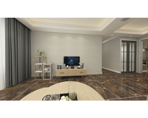 Living luminos cu televizor, rafturi și perdele