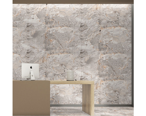 Decor de perete cu plăci gri cu aspect de marmură în spatele unui birou