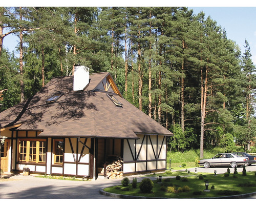 Casă cu structură de lemn cu acoperiș în două ape și ferestre de mansardă într-un cadru împădurit