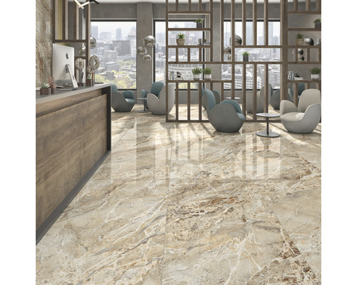 Spațiu elegant cu gresie lucioasă cu aspect de marmură, zonă de relaxare și recepție.