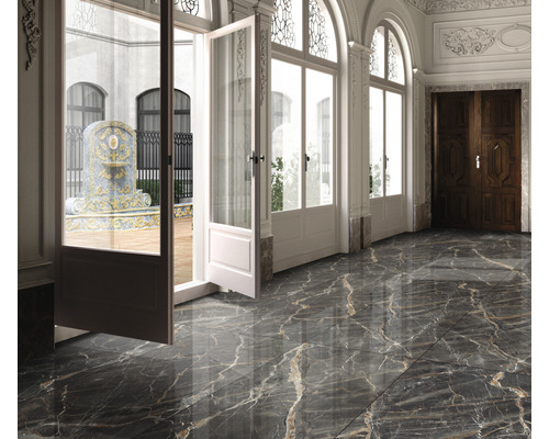 Hol elegant cu podea de marmură și ușă deschisă spre fântână