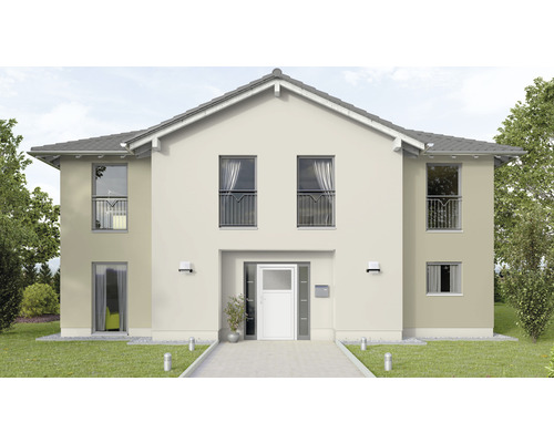 Vedere a unei case unifamiliale cu două etaje și acoperiș în două ape