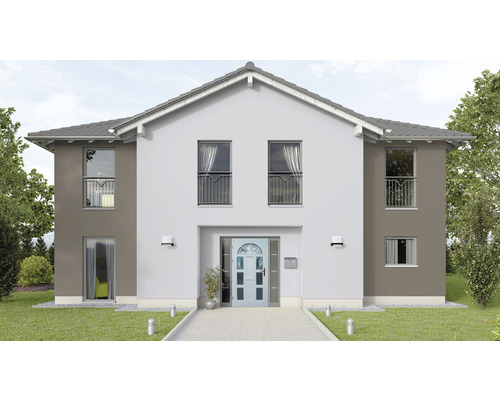 Vedere a unei case rezidențiale cu două etaje, cu acoperiș în două ape și grădină îngrijită