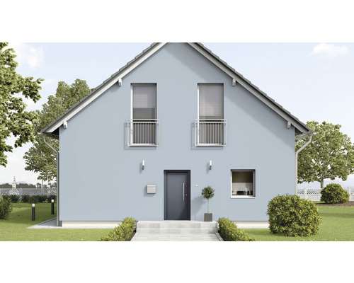 Vedere a unei case cu fațadă, ușă de intrare, ferestre și grădină.