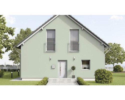 Fațadă de casă cu tencuială, ferestre, ușă și grădină