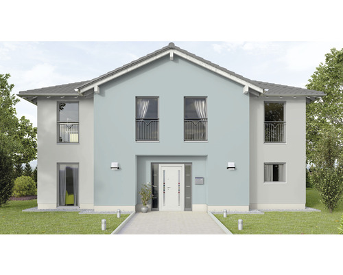 Casă modernă cu două etaje, fațadă și intrare.