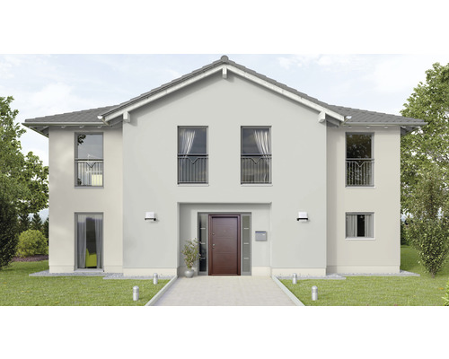 Vedere a unei case cu două etaje cu ușă de intrare, ferestre și grădină