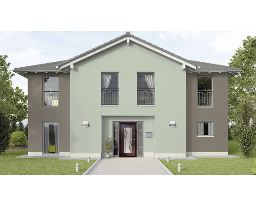 Vedere a unei case individuale cu două etaje, cu ușă de intrare