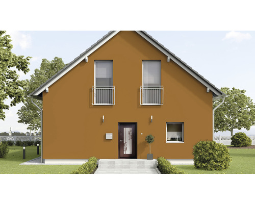 Fațadă de casă cu ferestre, ușă și jaluzele