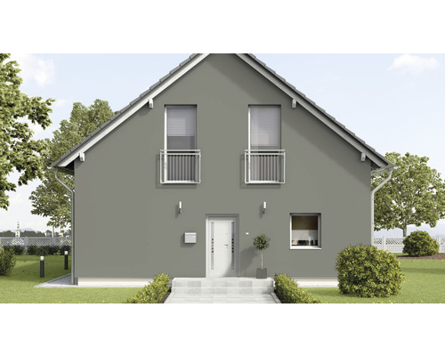 Vedere a unei case cu două etaje, cu fațadă gri, rame de ferestre albe și jaluzele gri.