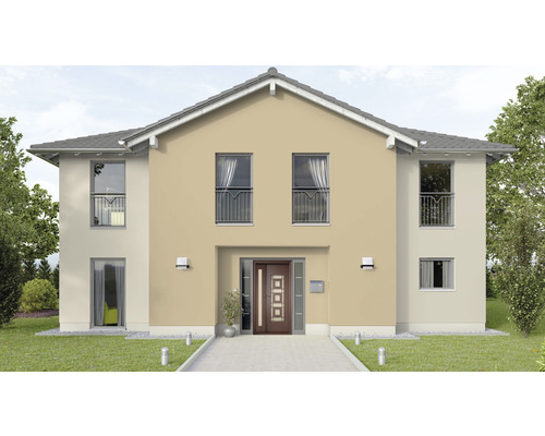 Vedere a unei case cu ușă de intrare, ferestre și grădină