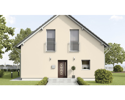 Vedere a unei case individuale cu două etaje, cu ușă de intrare și grădină