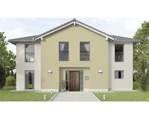 Vedere a unei case cu două etaje, cu acoperiș în două ape și fațadă