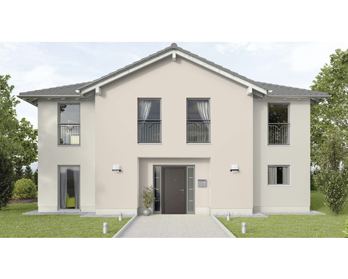 Vedere a unei case cu două etaje cu grădină și alee pavată