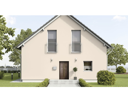 Fațadă de casă cu ușă de intrare, ferestre cu jaluzele și grădină îngrijită