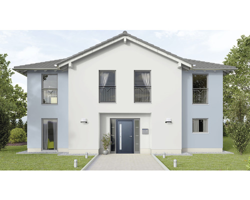 Vedere a unei case cu două etaje cu ușă de intrare, ferestre și balcoane