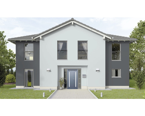 Fațadă de casă cu ușă de intrare, ferestre și balcoane