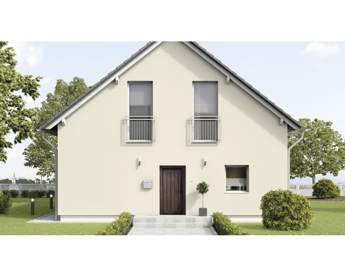 Fațadă de casă cu ferestre, balcoane și ușă de intrare