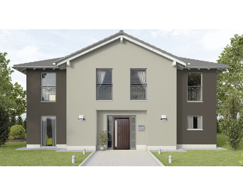 Vedere a unei case moderne cu două etaje cu ușă de intrare și ferestre