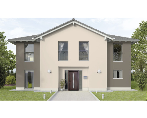 Vedere a unei case cu două etaje, cu ferestre, uși și o grădină îngrijită