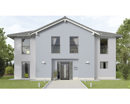 Vedere a unei case cu două etaje cu ușă de intrare, ferestre și grădină