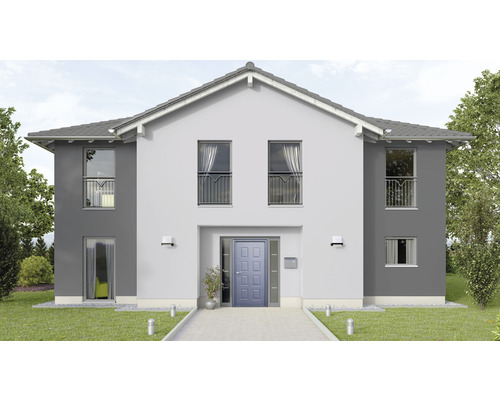 Vedere a unei case cu două etaje cu ușă de intrare și ferestre