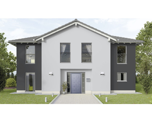 Vedere a unei case rezidențiale cu două etaje, cu acoperiș în două ape și grădină din față