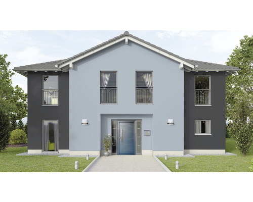 Vedere a unei case unifamiliale cu două etaje, cu ușă de intrare