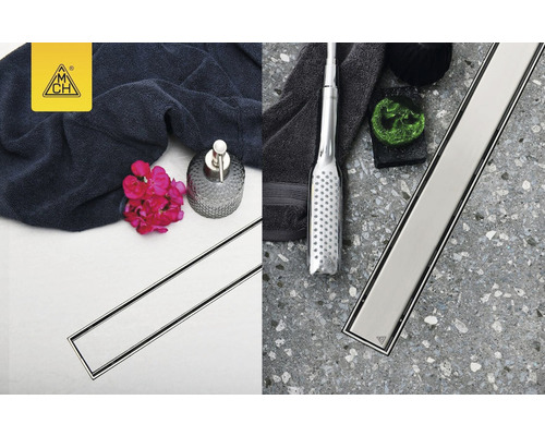 Scenă de baie cu rigolă de duș și accesorii