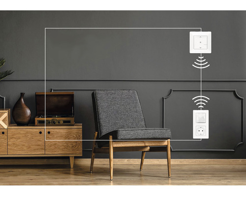 Cameră de zi cu fotoliu, comodă și întrerupătoare wireless pentru automatizarea locuinței