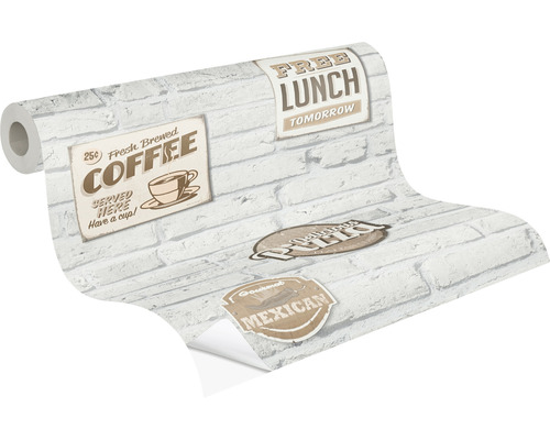 Rola de tapet cu model de cărămidă și inscripții